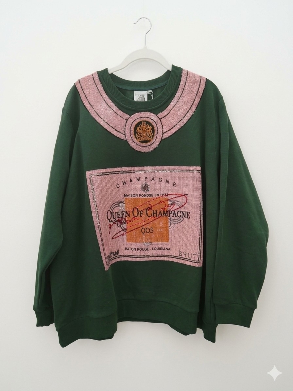Queen of Sparkles Queen of Champagne Green Pink Sequin Patch Sweatshirt Size XL
